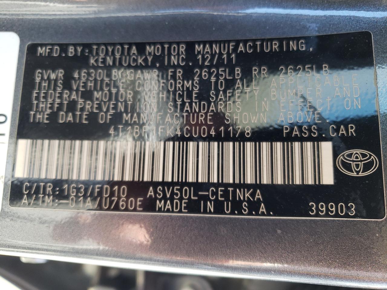 Photo 10 from auction – 2012 TOYOTA CAMRY BASE with VIN 4T1BF1FK4CU041178