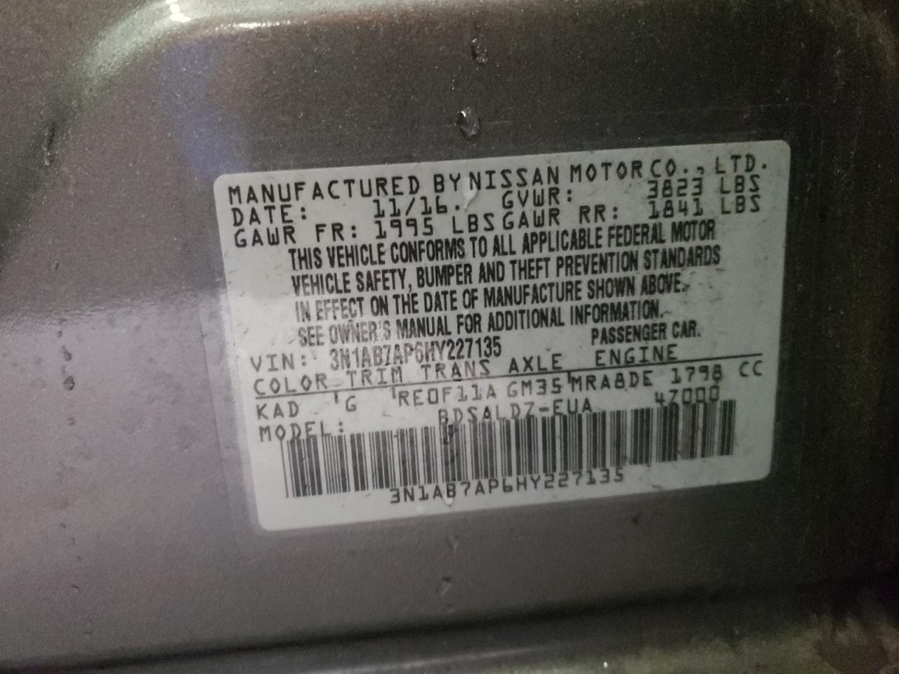 Photo 10 from auction – 2017 NISSAN SENTRA S with VIN 3N1AB7AP6HY227135
