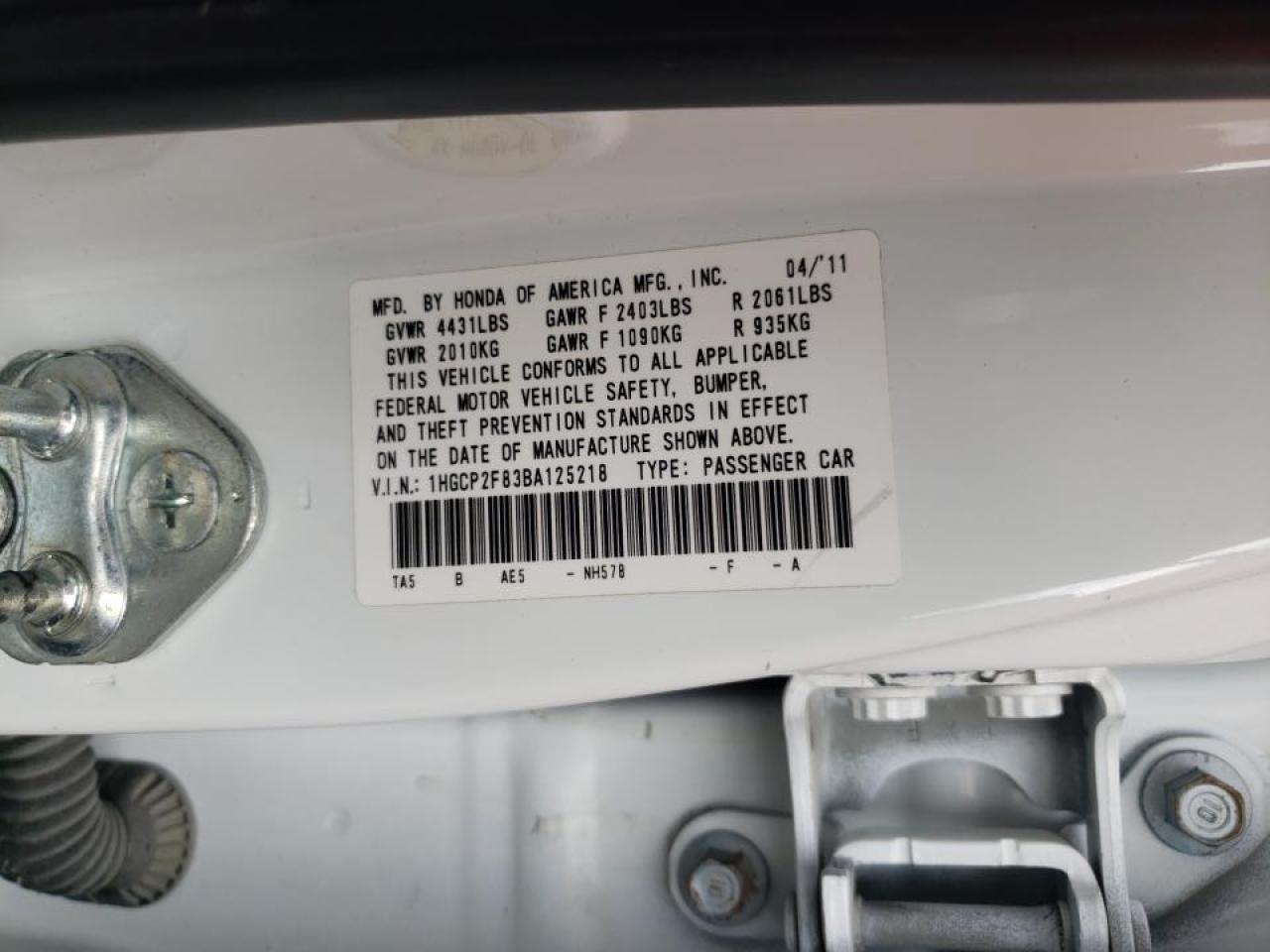 Photo 10 from auction – 2011 HONDA ACCORD EXL with VIN 1HGCP2F83BA125218