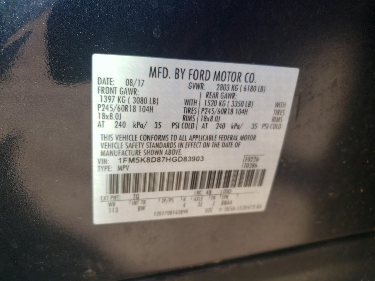 Photo 10 from auction – 2017 FORD EXPLORER X with VIN 1FM5K8D87HGD83903
