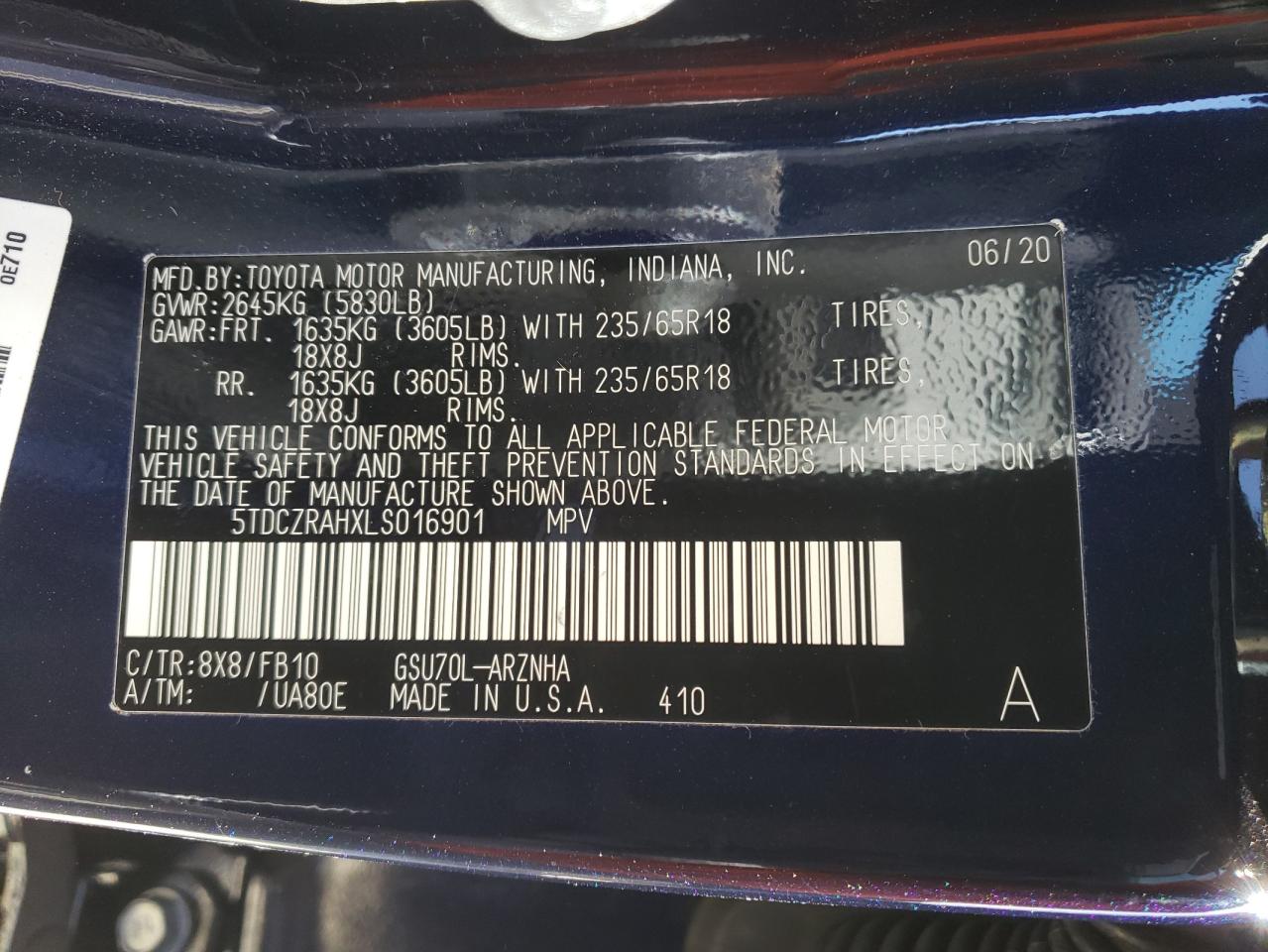 Photo 10 from auction – 2020 TOYOTA HIGHLANDER with VIN 5TDCZRAHXLS016901