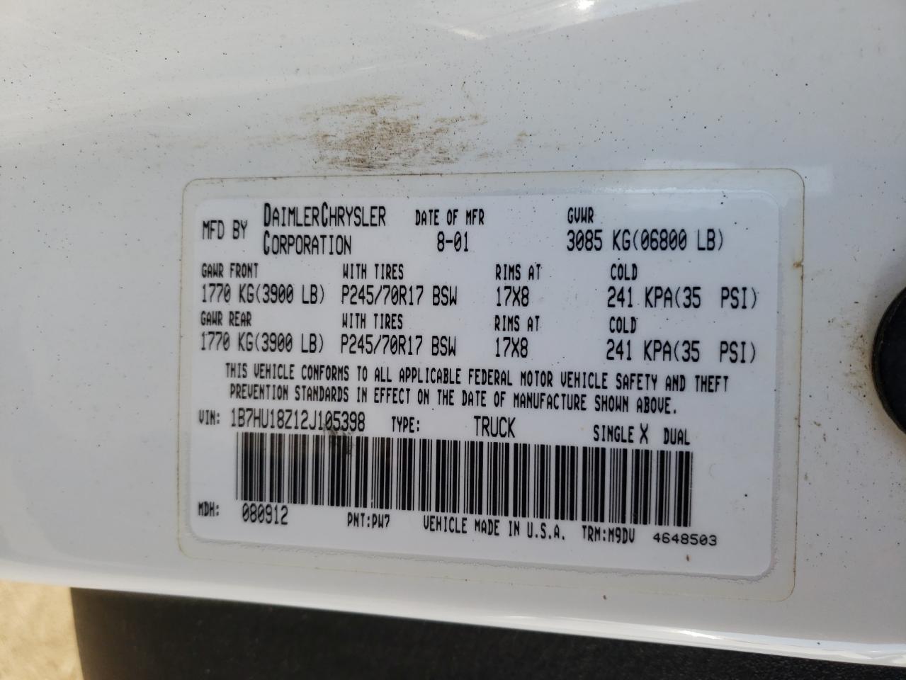 Photo 10 from auction – 2002 DODGE RAM 1500 with VIN 1B7HU18Z12J105398