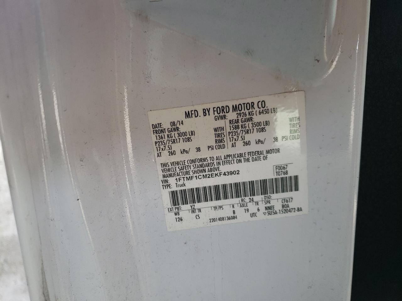 Photo 10 from auction – 2014 FORD F150 with VIN 1FTMF1CM2EKF43902