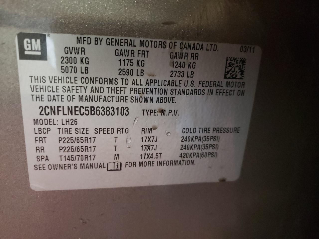 Photo 10 from auction – 2011 CHEVROLET EQUINOX LT with VIN 2CNFLNEC5B6383103