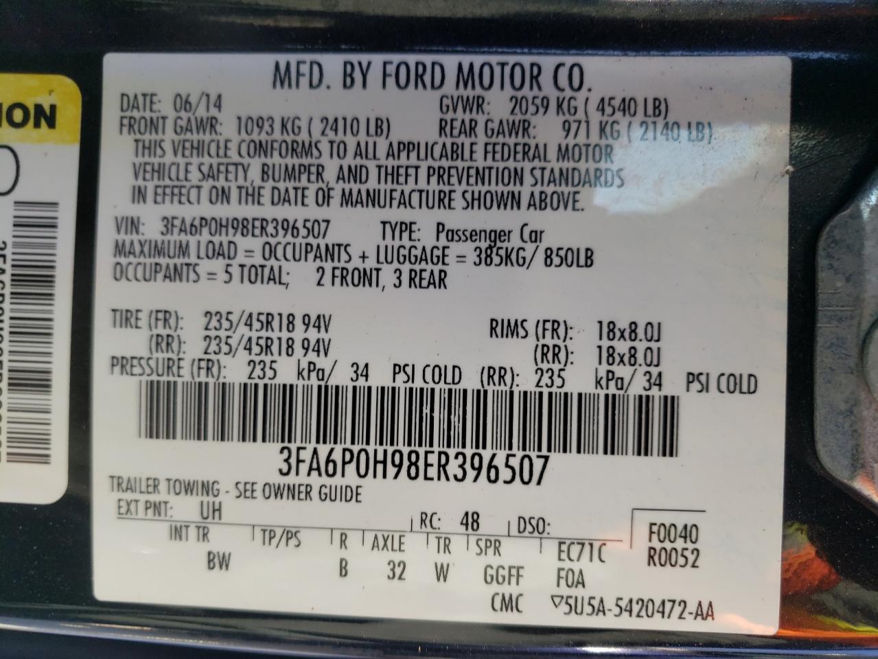 Photo 10 from auction – 2014 FORD FUSION SE with VIN 3FA6P0H98ER396507