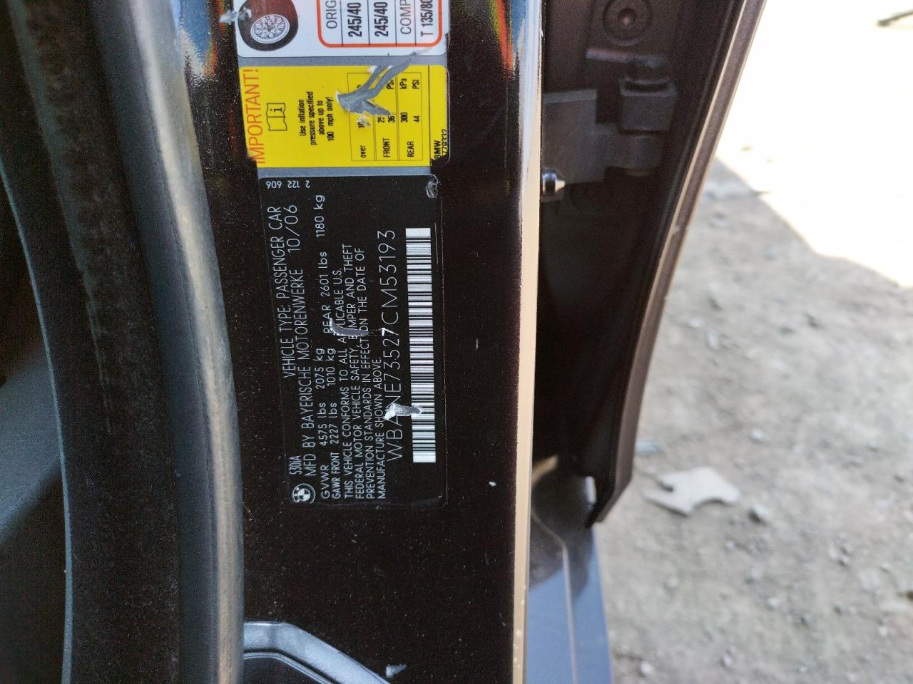Photo 10 from auction – 2007 BMW 530 I with VIN WBANE73527CM53193