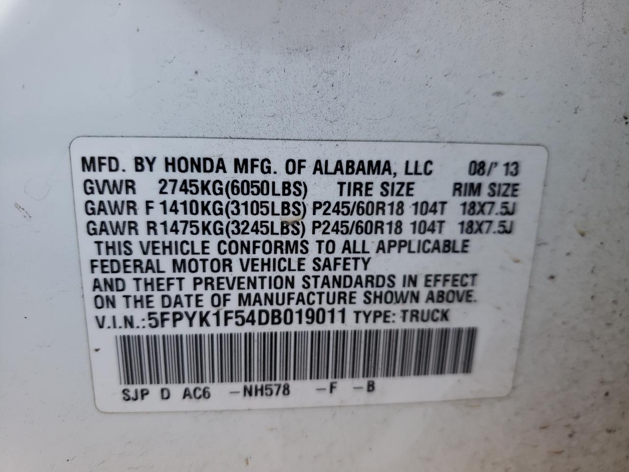 Photo 10 from auction – 2013 HONDA RIDGELINE with VIN 5FPYK1F54DB019011