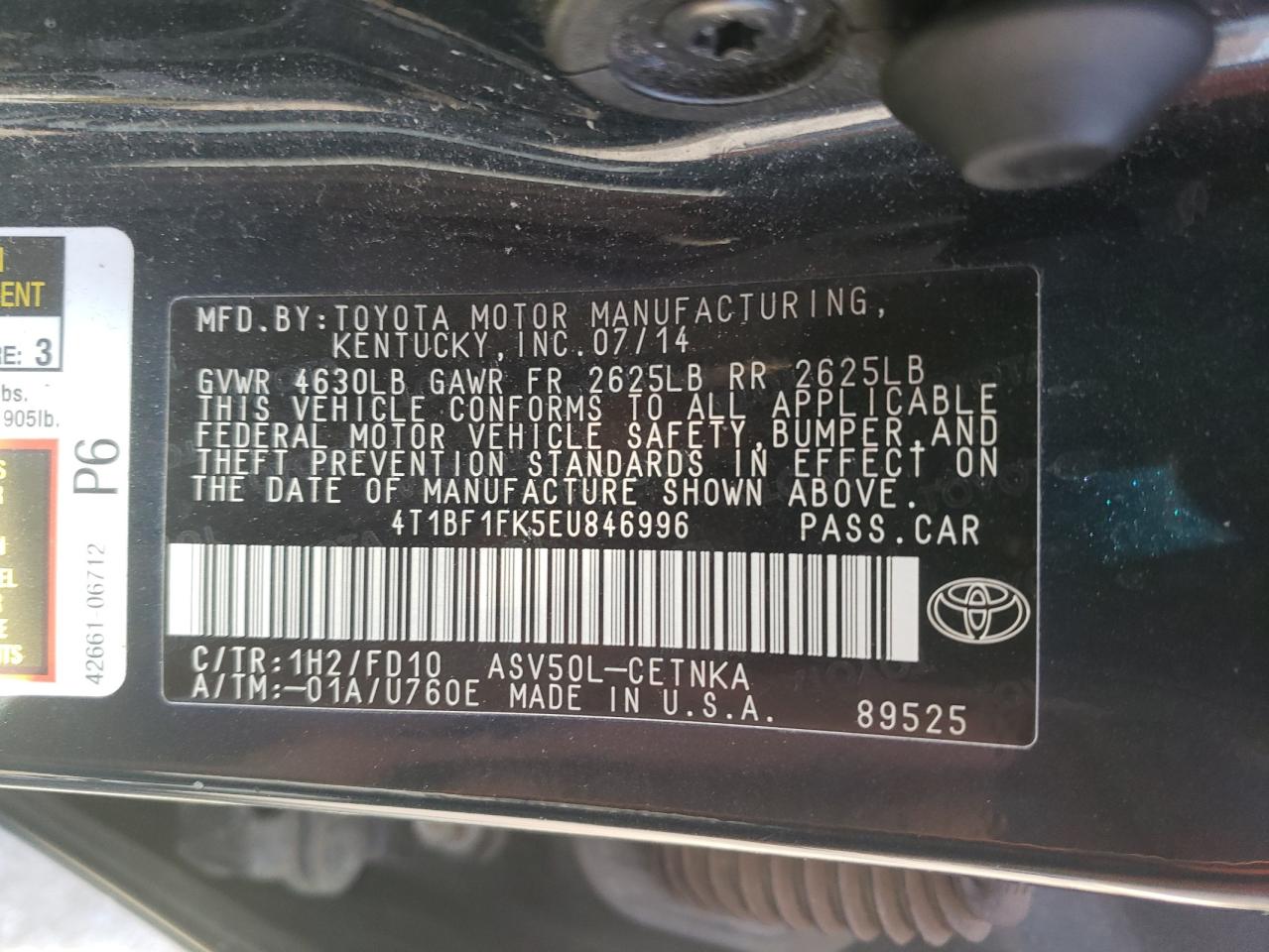 Photo 10 from auction – 2014 TOYOTA CAMRY L with VIN 4T1BF1FK5EU846996