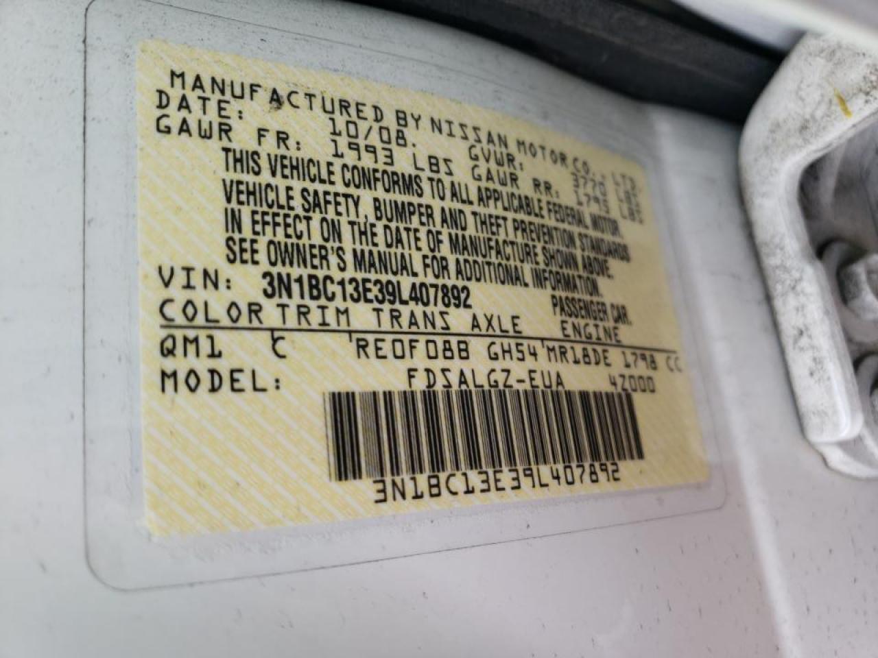 Photo 10 from auction – 2009 NISSAN VERSA S with VIN 3N1BC13E39L407892