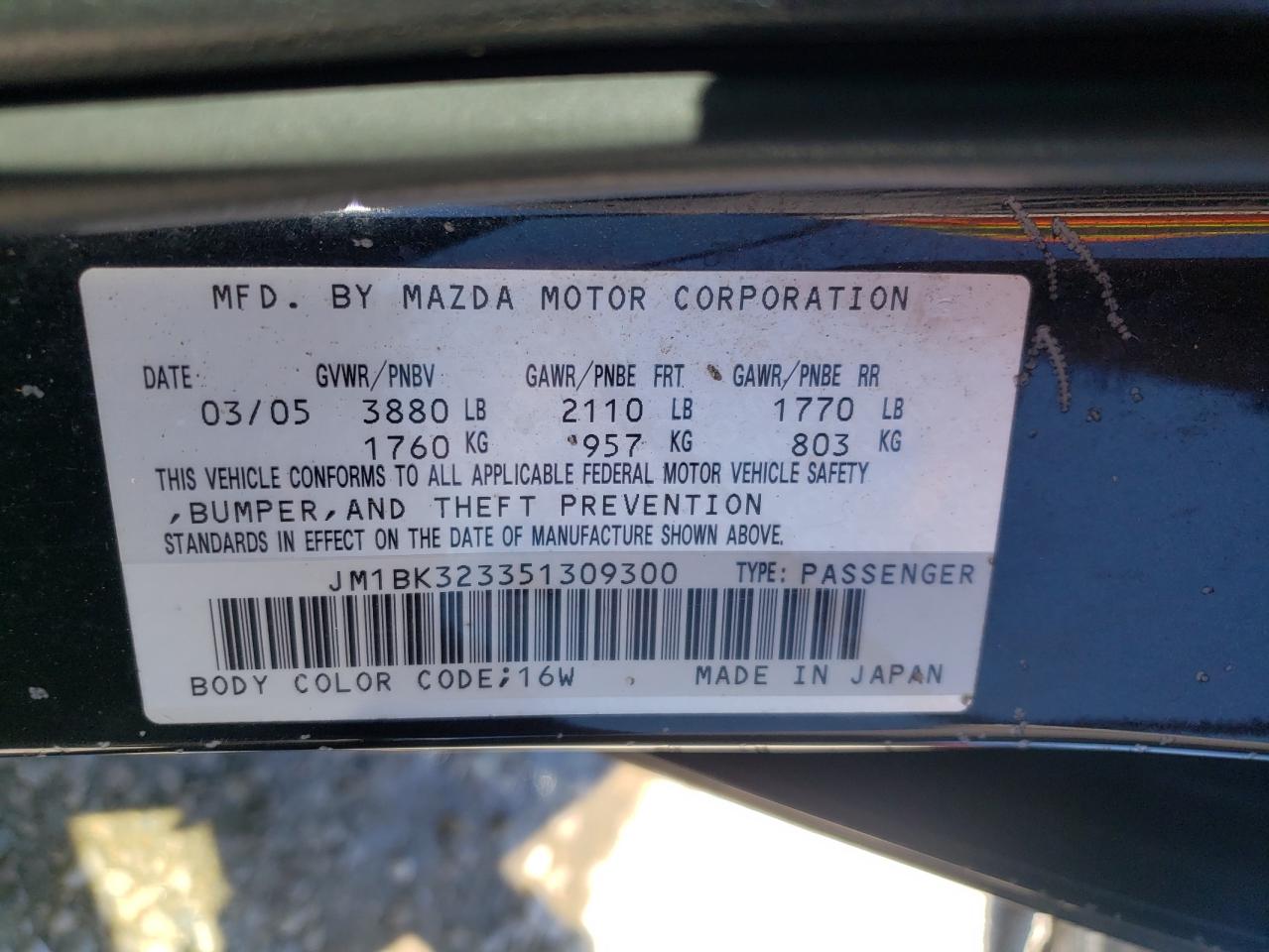 Photo 10 from auction – 2005 MAZDA 3 S with VIN JM1BK323351309300