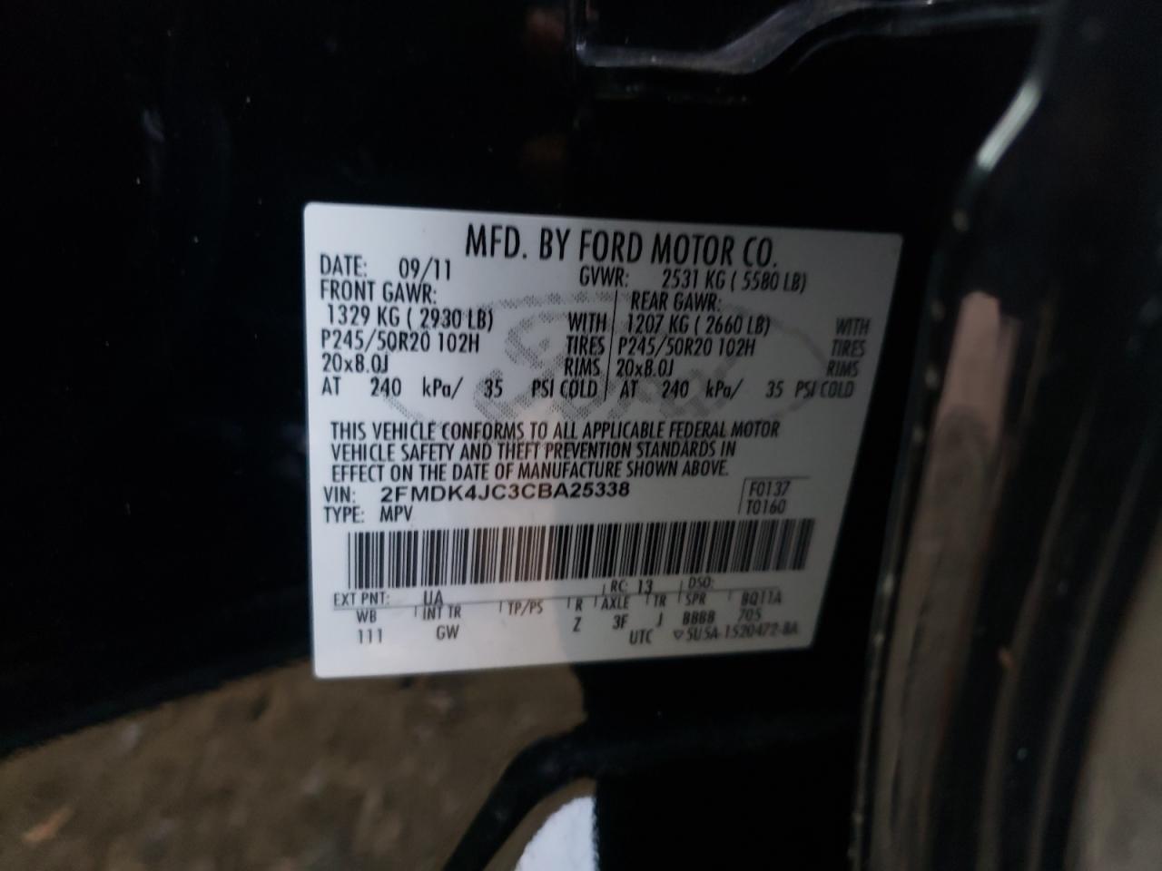 Photo 10 from auction – 2012 FORD EDGE SEL with VIN 2FMDK4JC3CBA25338