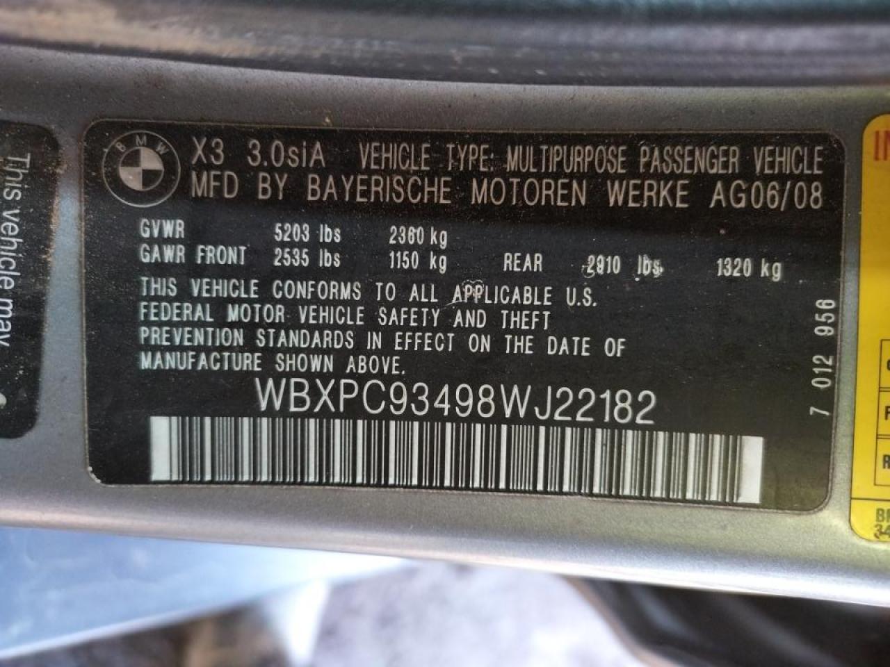 Photo 10 from auction – 2008 BMW X3 with VIN WBXPC93498WJ22182
