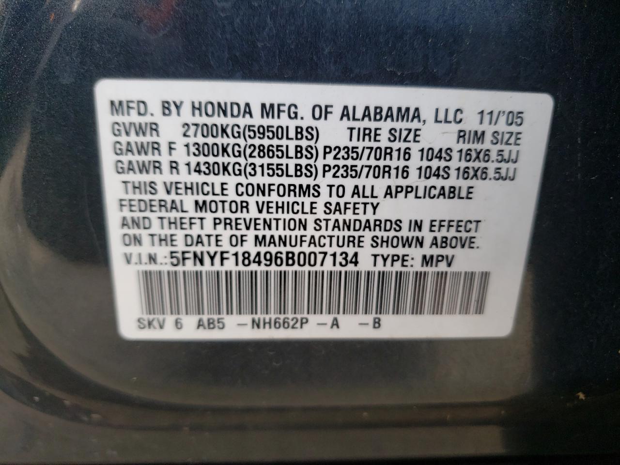Photo 10 from auction – 2006 HONDA PILOT EX with VIN 5FNYF18496B007134