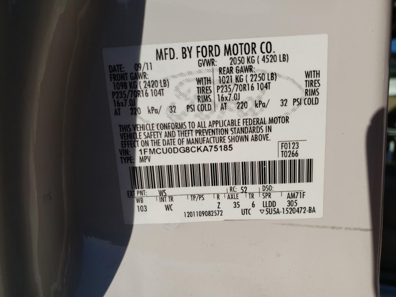 صورة رقم 10 من المزاد - 2012 FORD ESCAPE XLT مع VIN 1FMCU0DG8CKA75185