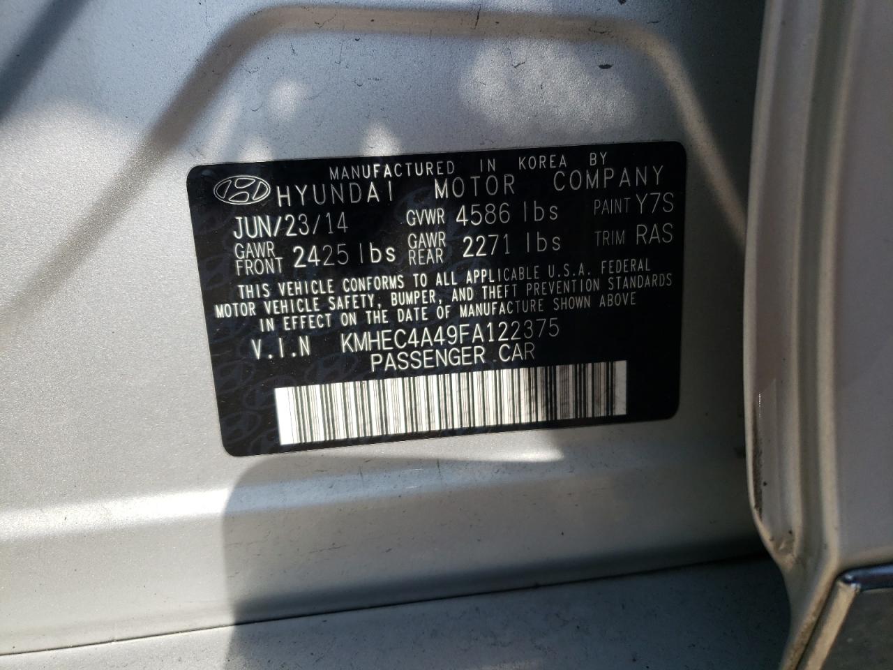 Photo 10 from auction – 2015 HYUNDAI SONATA HYB with VIN KMHEC4A49FA122375