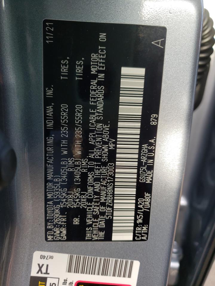 Photo 10 from auction – 2022 TOYOTA HIGHLANDER with VIN 5TDFZRBH8NS173003