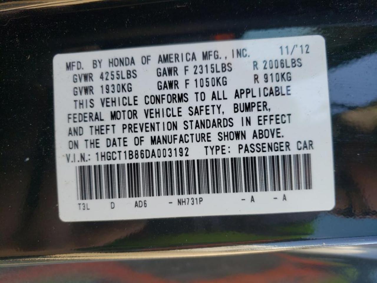 Photo 10 from auction – 2013 HONDA ACCORD EXL with VIN 1HGCT1B86DA003192