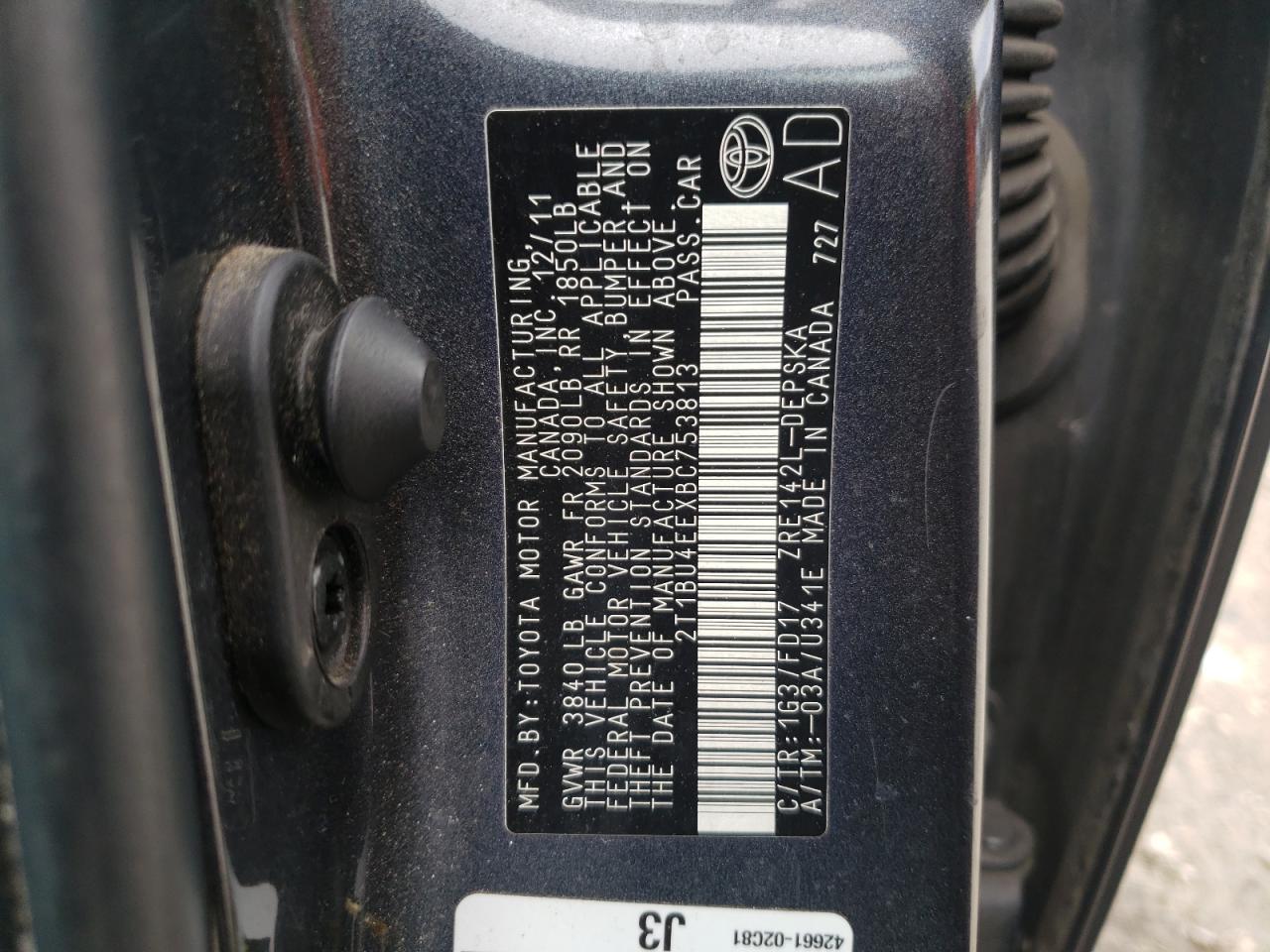 Photo 10 from auction – 2011 TOYOTA COROLLA BA with VIN 2T1BU4EEXBC753813
