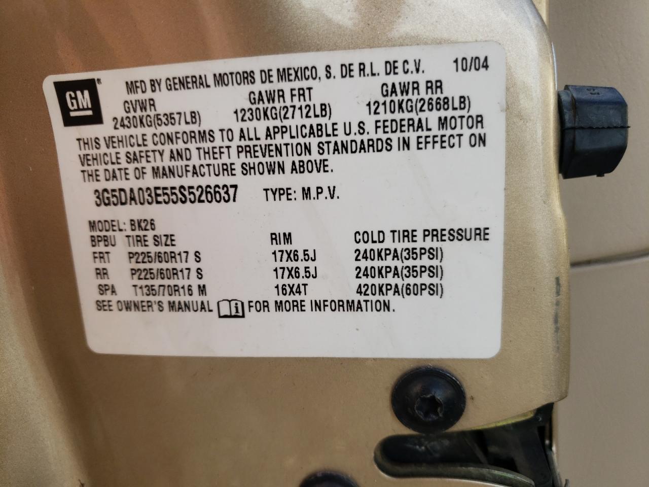 Photo 10 from auction – 2005 BUICK RENDEZVOUS with VIN 3G5DA03E55S526637