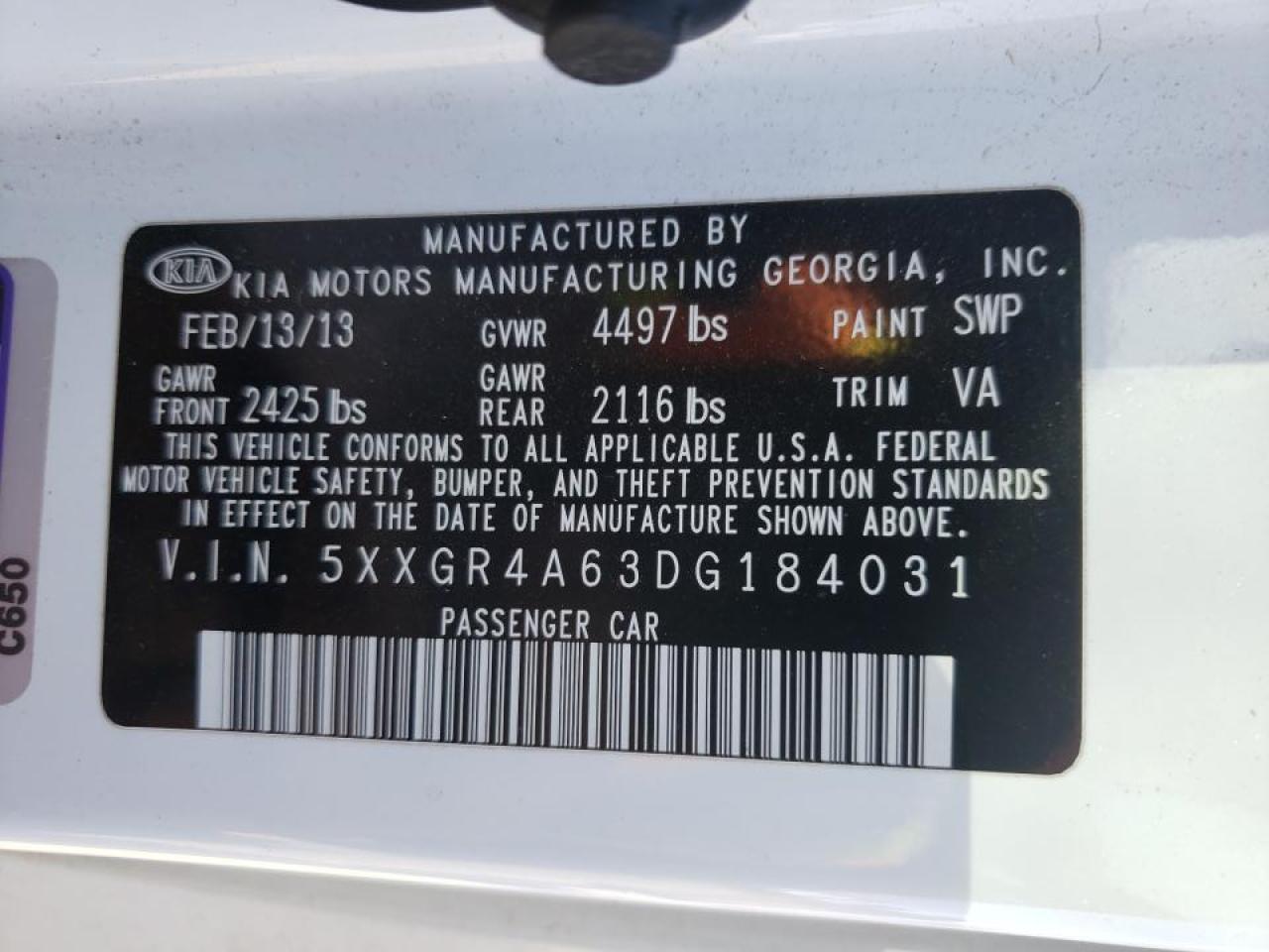 Photo 10 from auction – 2013 KIA OPTIMA SX with VIN 5XXGR4A63DG184031