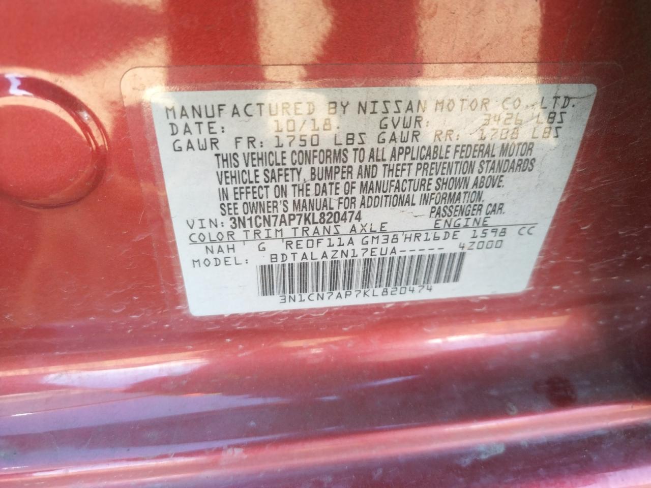 Photo 10 from auction – 2019 NISSAN VERSA S with VIN 3N1CN7AP7KL820474