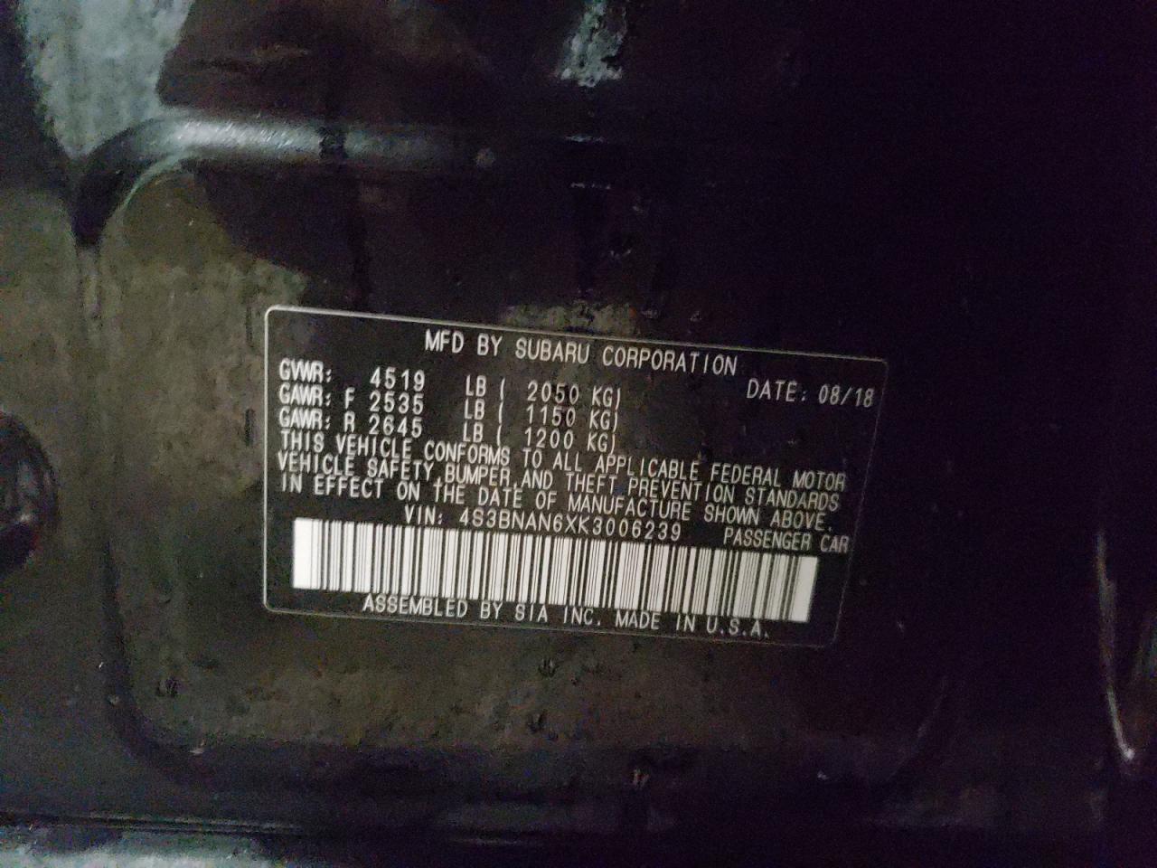 Photo 10 from auction – 2019 SUBARU LEGACY 2.5 with VIN 4S3BNAN6XK3006239