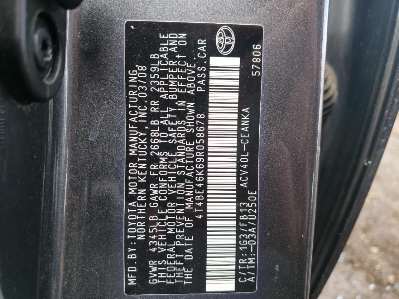 Photo 10 from auction – 2009 TOYOTA CAMRY BASE with VIN 4T4BE46K69R058678