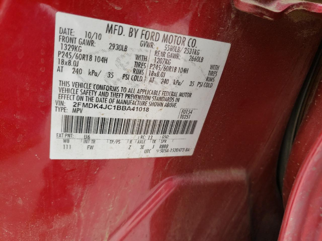 Photo 10 from auction – 2011 FORD EDGE with VIN 2FMDK4JC1BBA41018