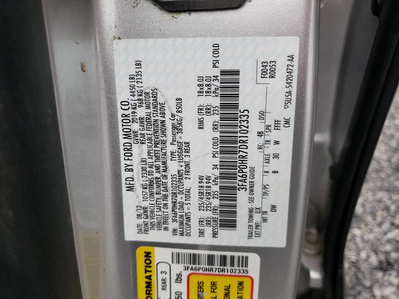 Photo 10 from auction – 2013 FORD FUSION SE with VIN 3FA6P0HR7DR102335
