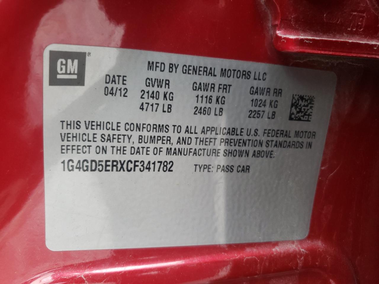 Photo 10 from auction – 2012 BUICK LACROSSE P with VIN 1G4GD5ERXCF341782