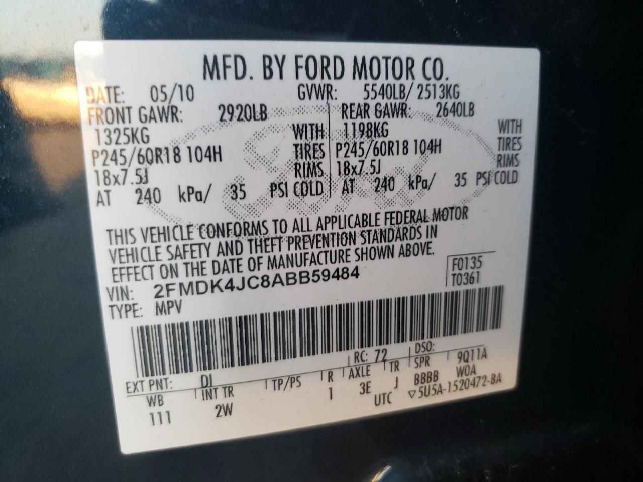 Photo 10 from auction – 2010 FORD EDGE SEL with VIN 2FMDK4JC8ABB59484