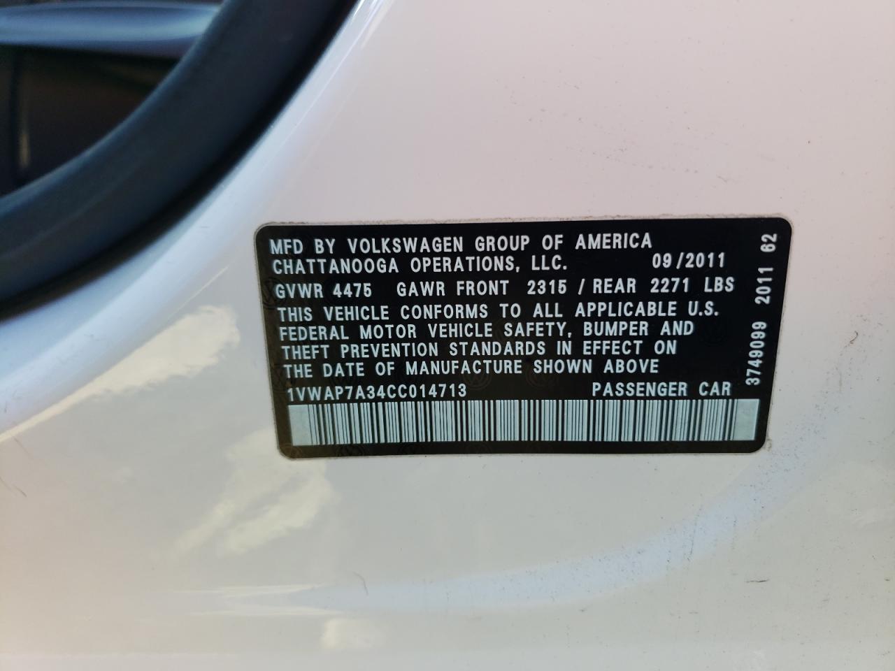 Photo 10 from auction – 2012 VOLKSWAGEN PASSAT S with VIN 1VWAP7A34CC014713