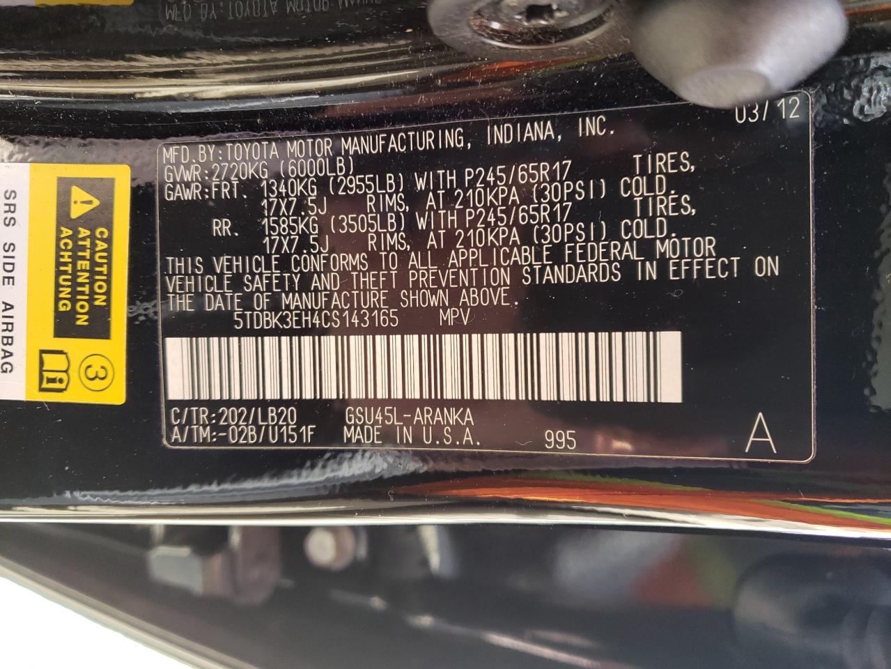Photo 10 from auction – 2012 TOYOTA HIGHLANDER with VIN 5TDBK3EH4CS143165