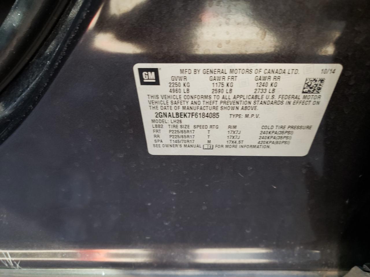 Photo 10 from auction – 2015 CHEVROLET EQUINOX LT with VIN 2GNALBEK7F6184085