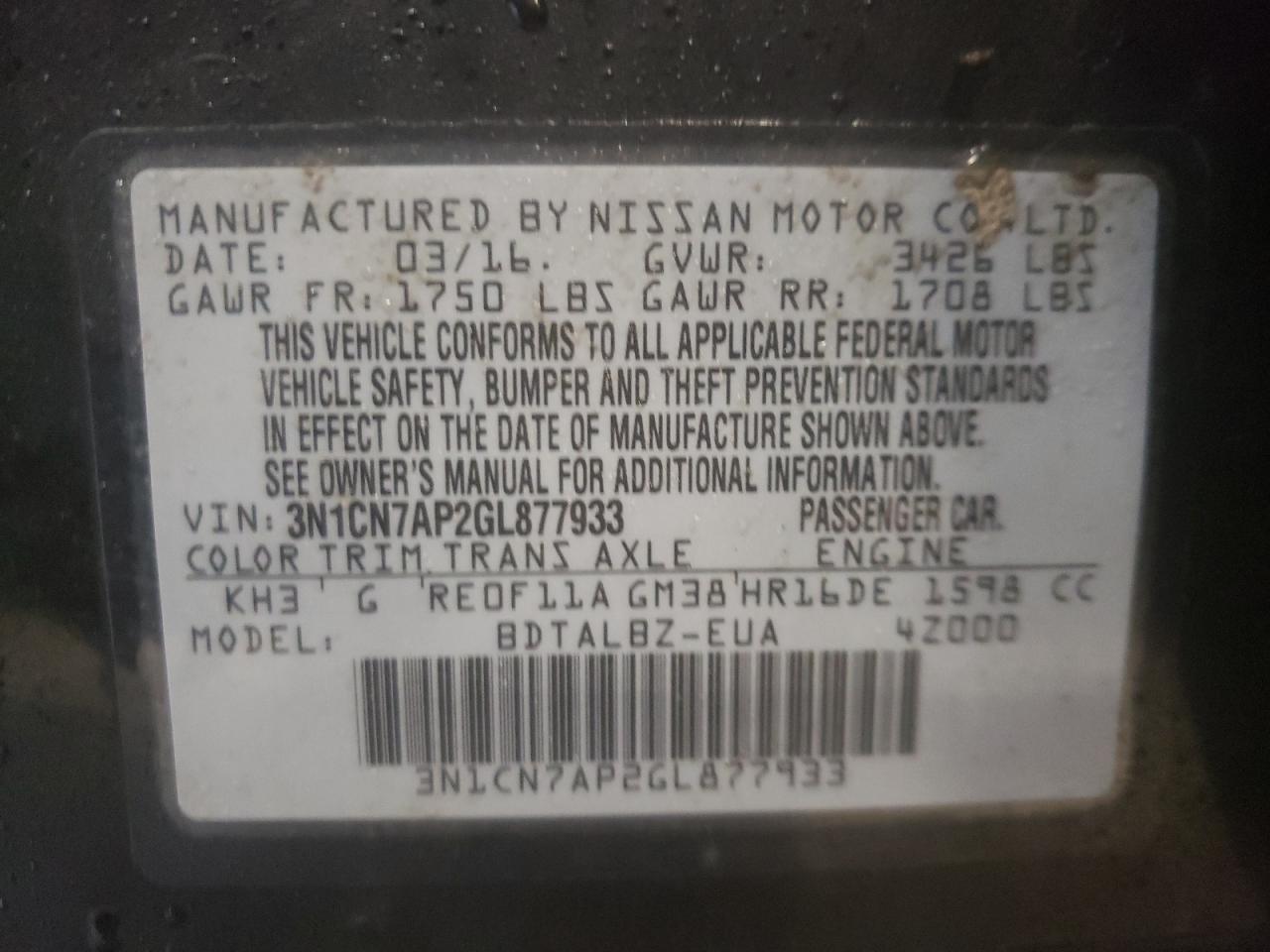 Photo 10 from auction – 2016 NISSAN VERSA S with VIN 3N1CN7AP2GL877933