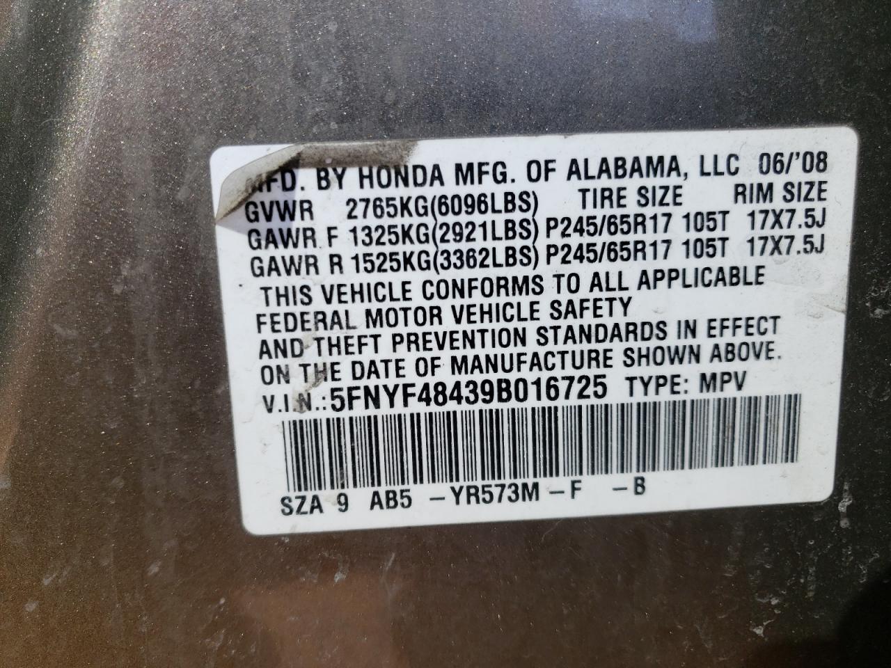 Photo 10 from auction – 2009 HONDA PILOT EX with VIN 5FNYF48439B016725