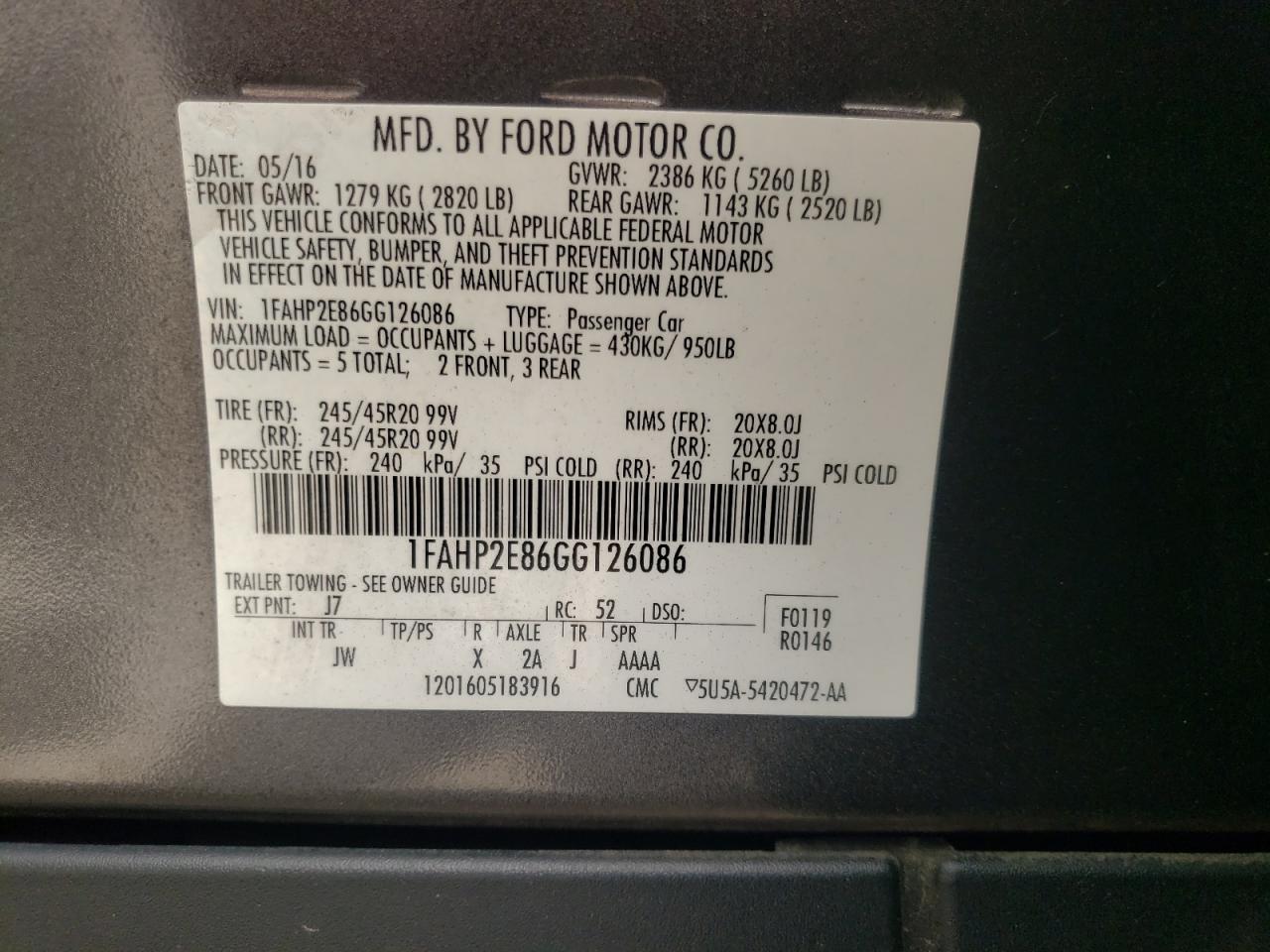 Photo 10 from auction – 2016 FORD TAURUS SEL with VIN 1FAHP2E86GG126086