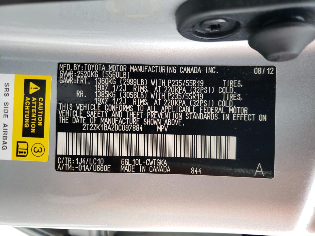 Photo 10 from auction – 2013 LEXUS RX 350 with VIN 2T2ZK1BA2DC097884
