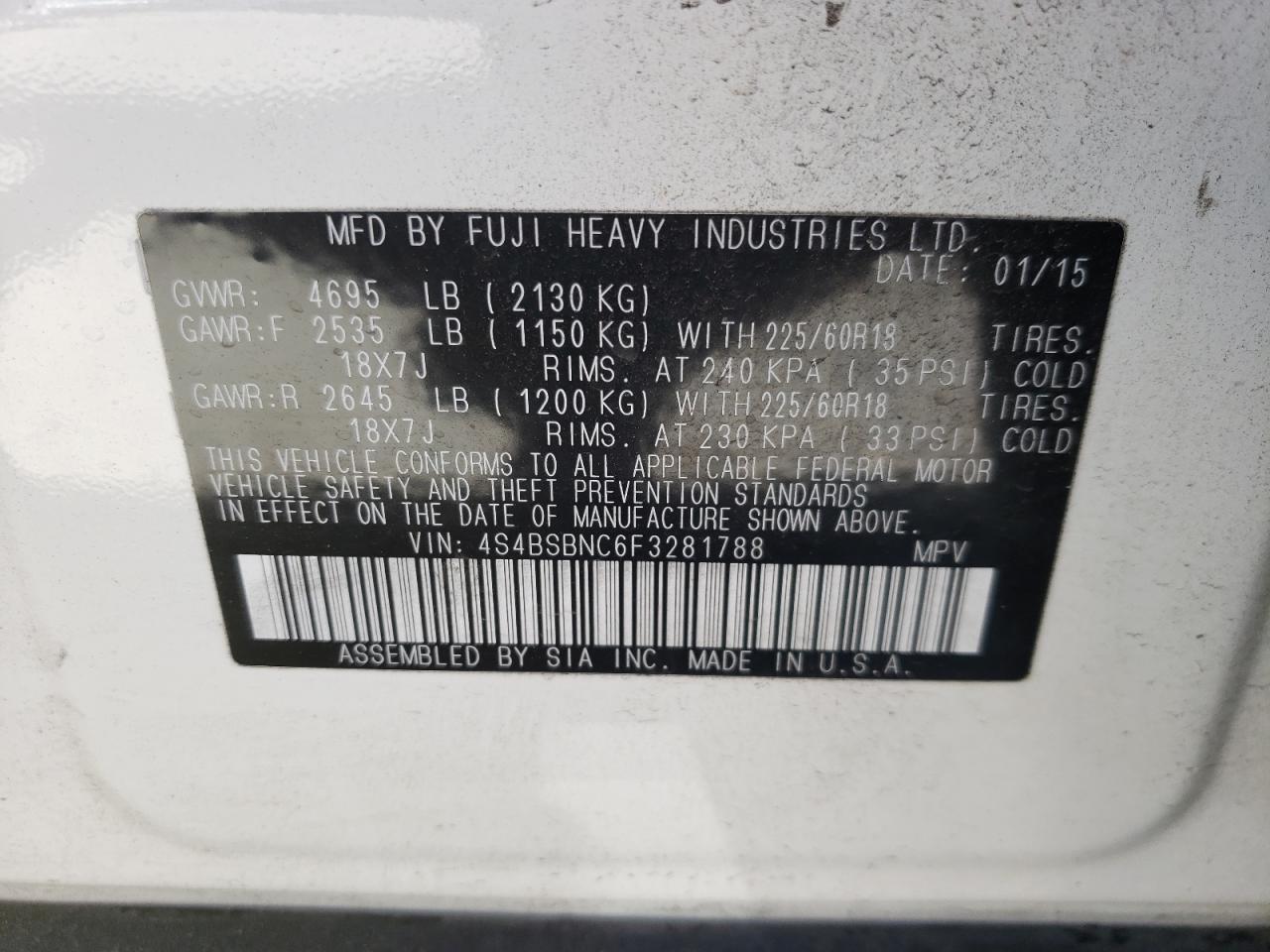 Photo 10 from auction – 2015 SUBARU OUTBACK 2. with VIN 4S4BSBNC6F3281788