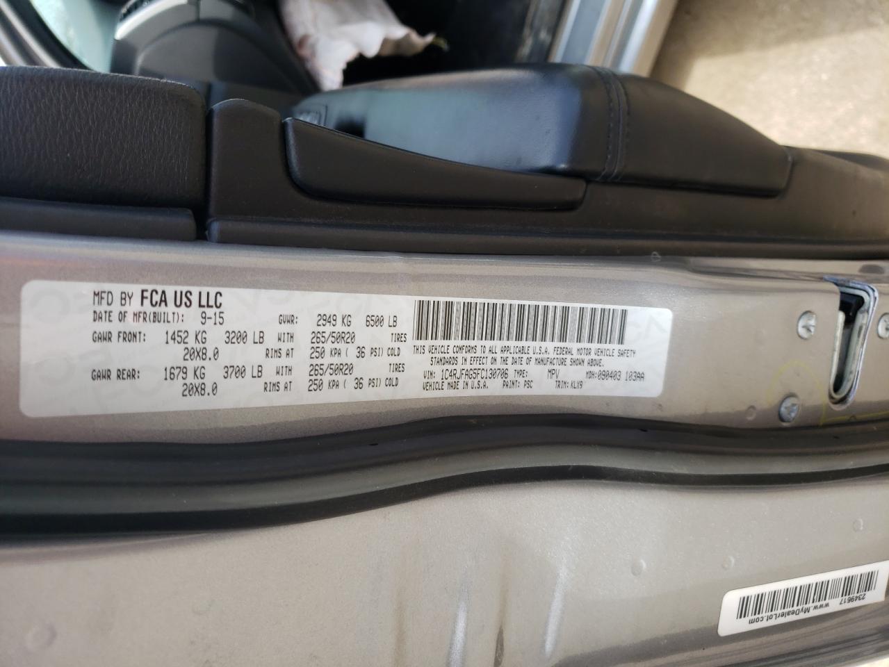 Photo 10 from auction – 2015 JEEP GRAND CHER with VIN 1C4RJFAG5FC130706