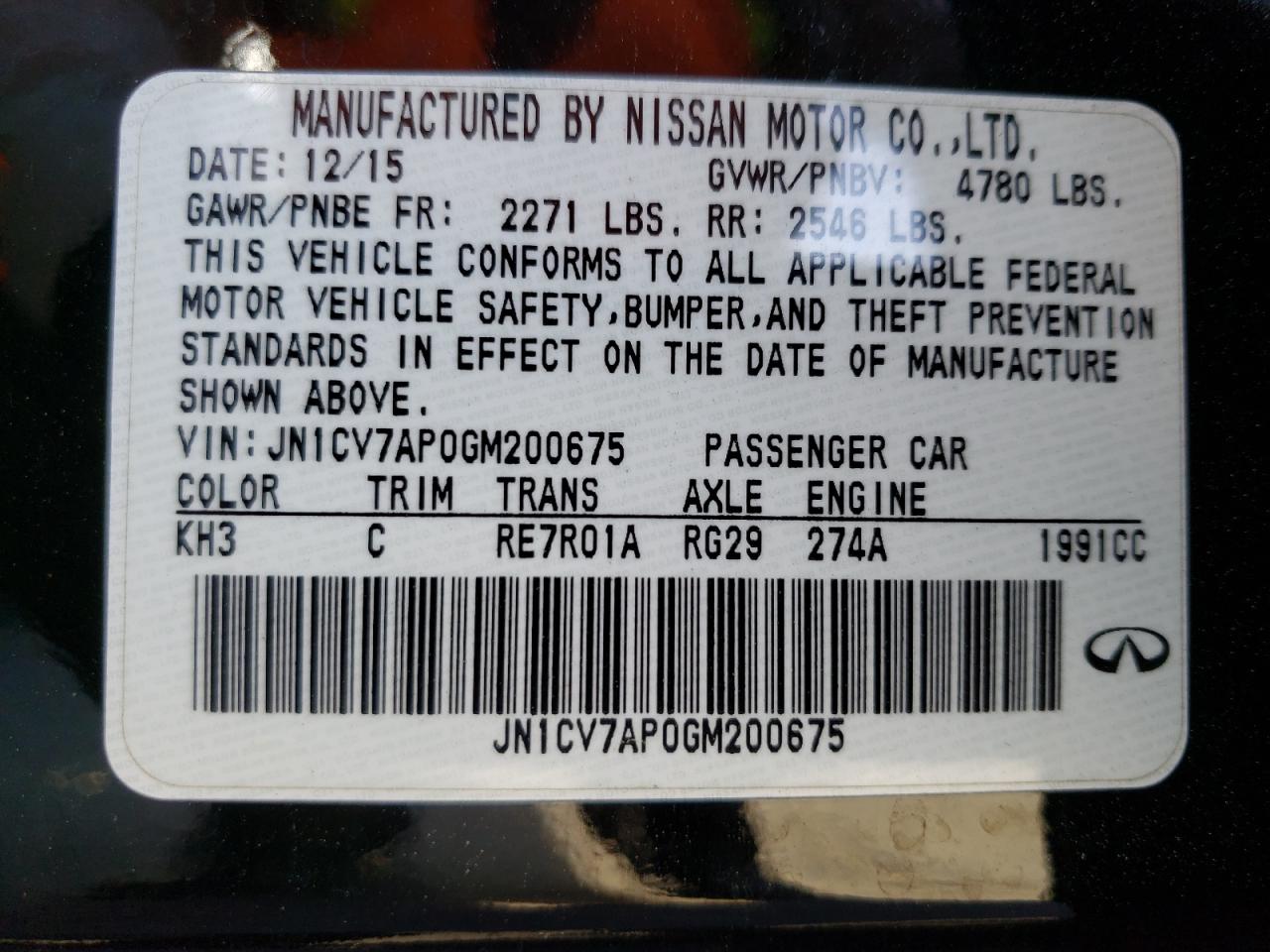 Photo 10 from auction – 2016 INFINITI Q50 BASE with VIN JN1CV7AP0GM200675