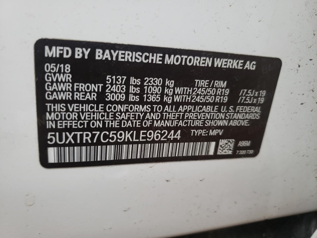 Photo 10 from auction – 2019 BMW X3 SDRIVE3 with VIN 5UXTR7C59KLE96244