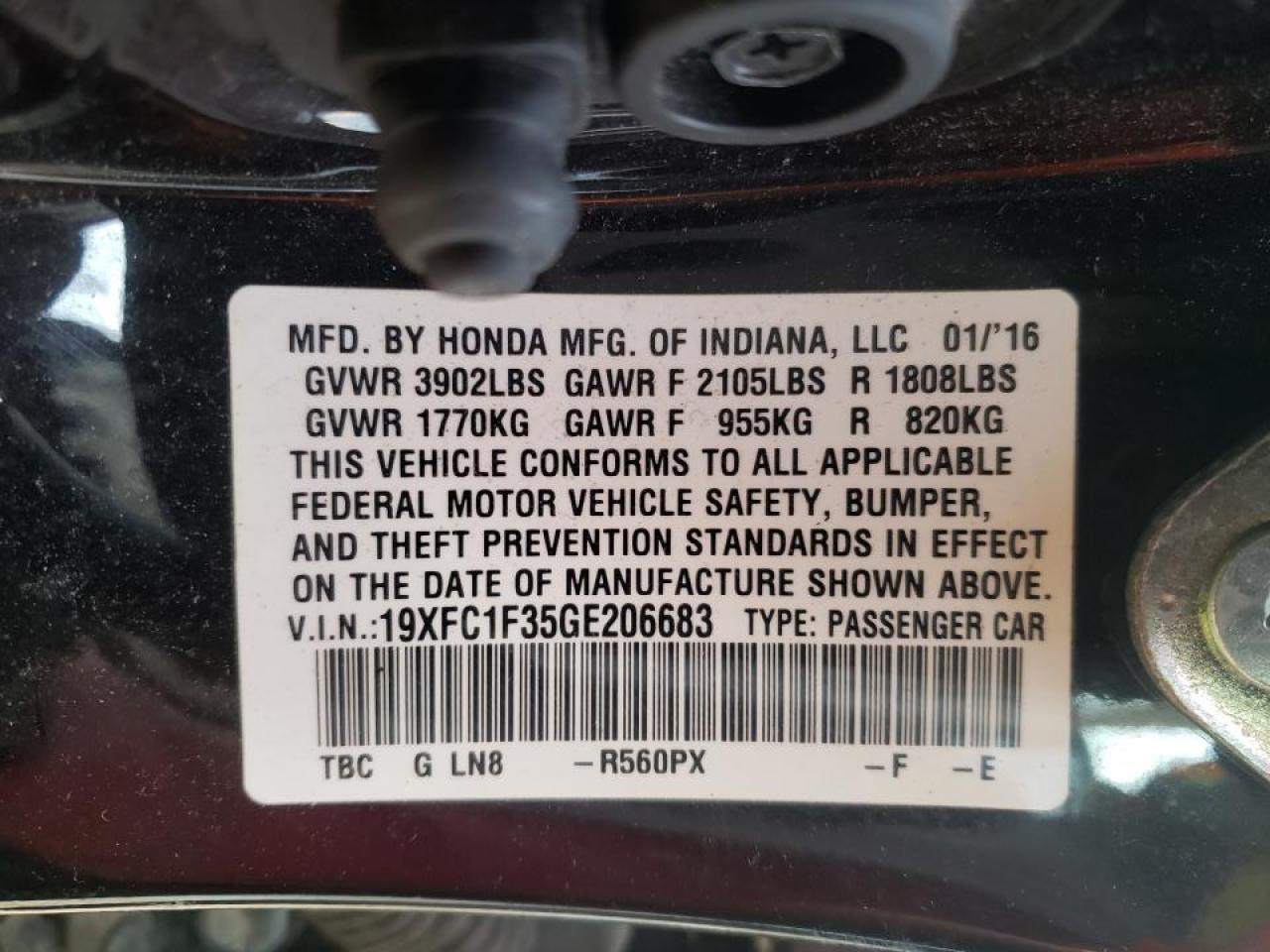 Photo 10 from auction – 2016 HONDA CIVIC EX with VIN 19XFC1F35GE206683