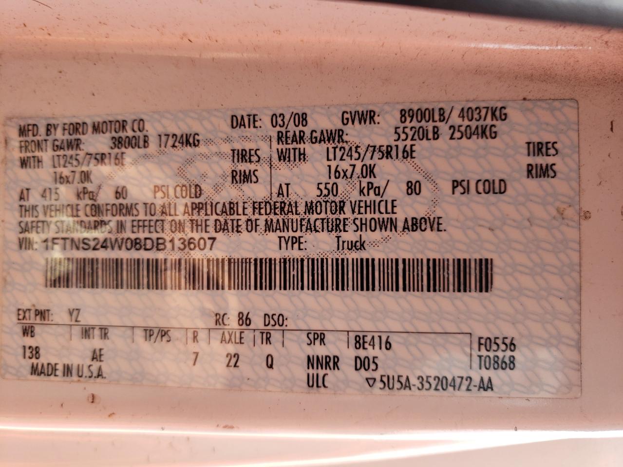 Photo 10 from auction – 2008 FORD ECONOLINE with VIN 1FTNS24W08DB13607
