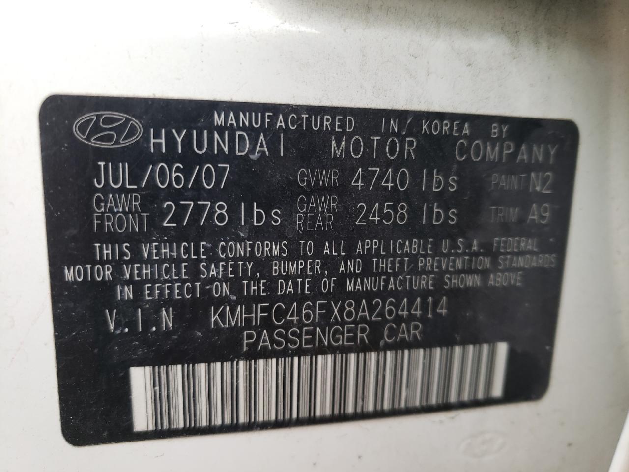Photo 10 from auction – 2008 HYUNDAI AZERA SE with VIN KMHFC46FX8A264414