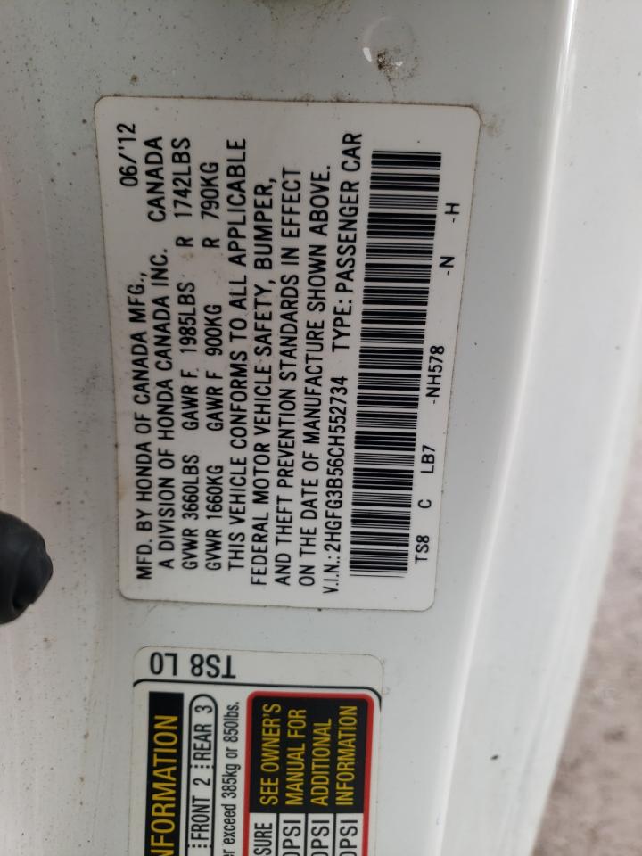 Photo 10 from auction – 2012 HONDA CIVIC LX with VIN 2HGFG3B56CH552734