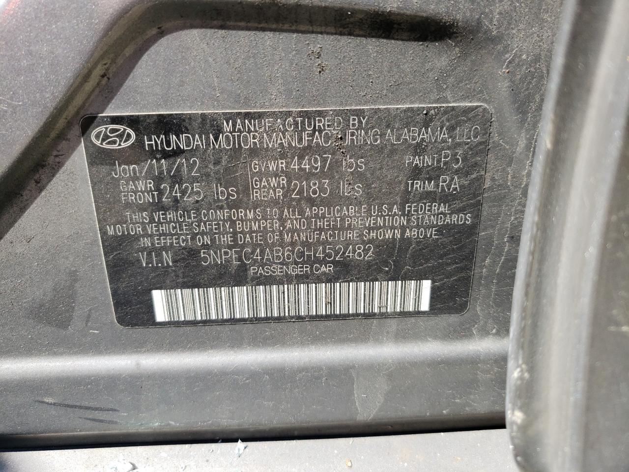 Photo 10 from auction – 2012 HYUNDAI SONATA SE with VIN 5NPEC4AB6CH452482