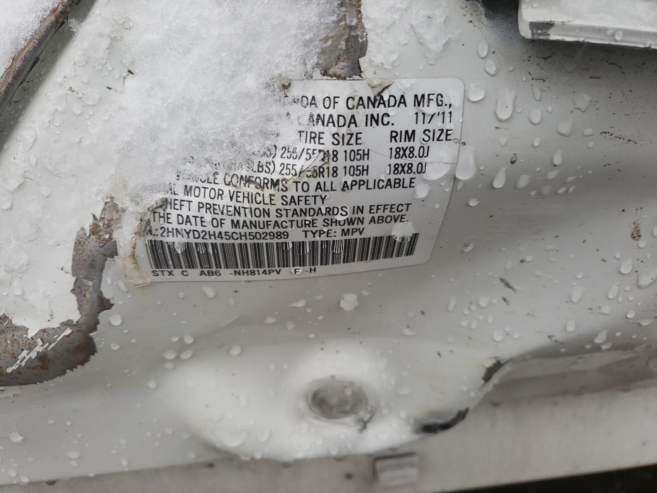 Photo 10 from auction – 2012 ACURA MDX TECHNO with VIN 2HNYD2H45CH502989