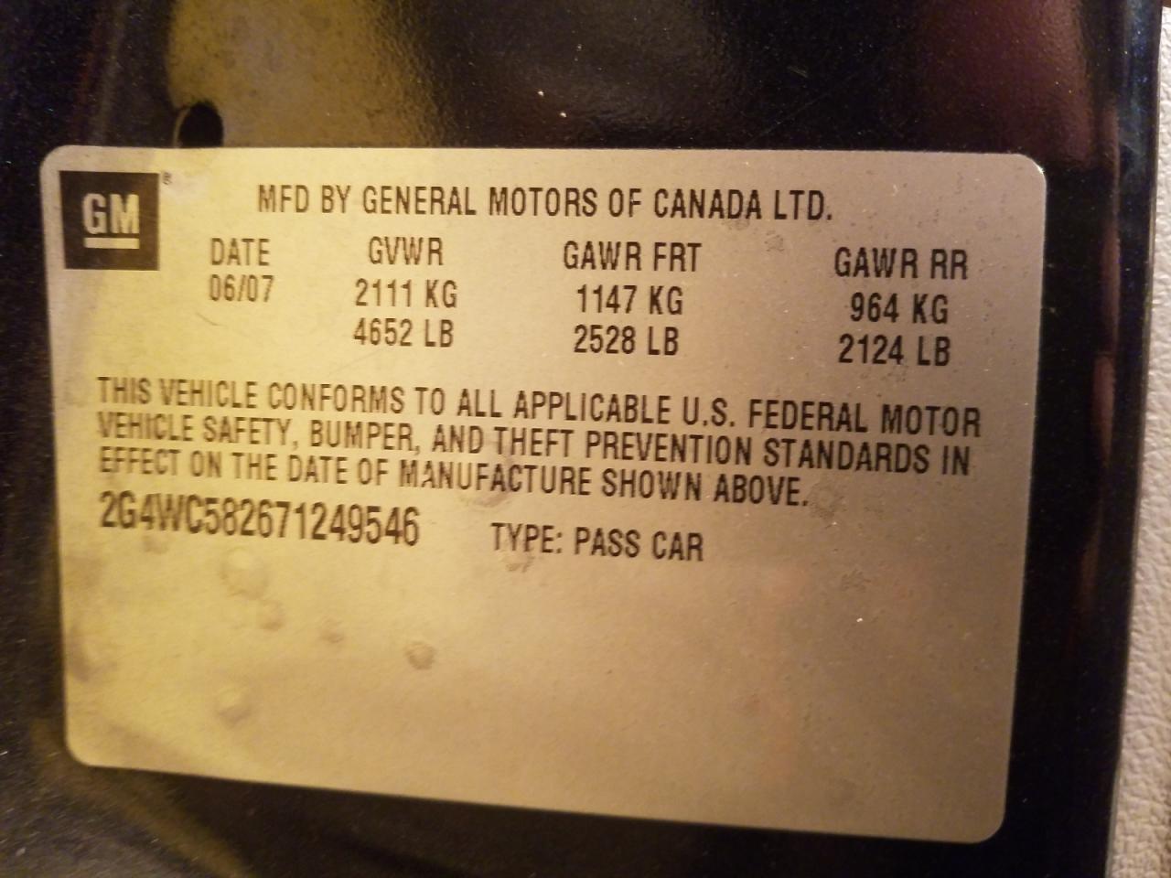 Photo 10 from auction – 2007 BUICK LACROSSE C with VIN 2G4WC582671249546