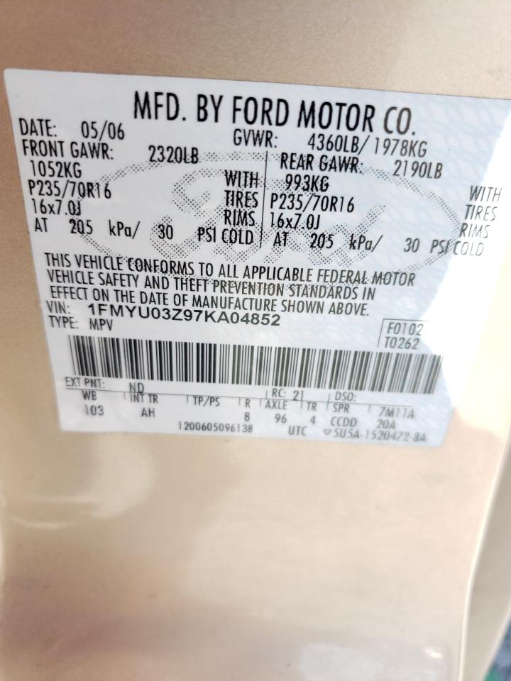 Photo 10 from auction – 2007 FORD ESCAPE XLT with VIN 1FMYU03Z97KA04852